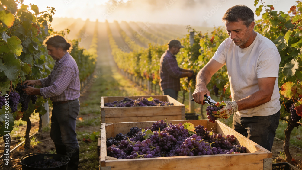 Fototapeta premium Winemakers harvesting ripe grapes in a sunlit vineyard, showcasing traditional viticulture, teamwork, sustainable agriculture, and premium wine production.
