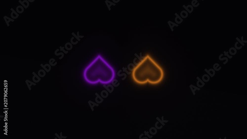 Neon heart symbols glowing in purple and orange colors