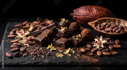 A luxurious composition of premium dark chocolate assortments, including artisan pralines decorated with edible gold leaf, chocolate truffles dusted with cocoa powder, and broken chocolate bars.