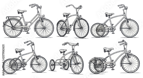 Retro bicycles and adult tricycles collection in sketch style