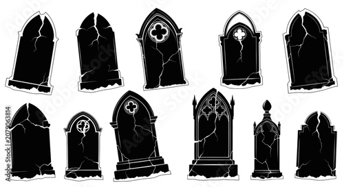 Foto Old cracked tombstone silhouettes collection