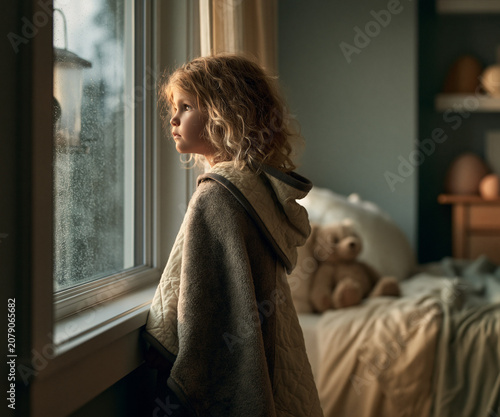 Curly haired child gazing through rainy window in cozy bedroom at dusk