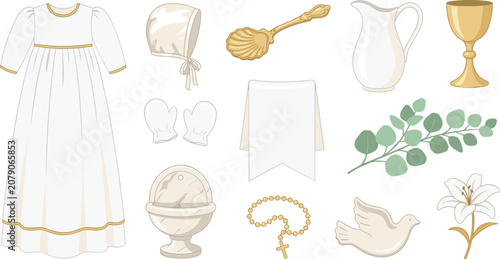 Schilderij op canvas Christian Baptism Ceremony Elements Collection with White Gown, Bonnet, Holy Wat