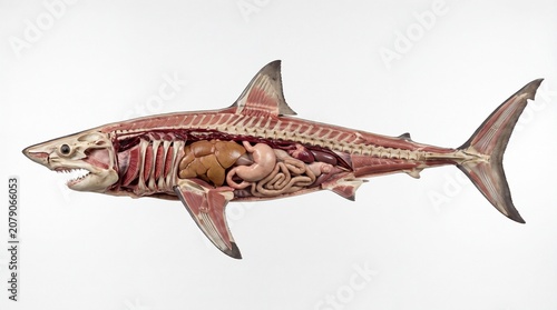 Quadro su tela Anatomical model of a white shark with its internal organs and skeletal structur