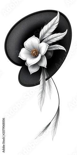 Elegant black hat with white flower and feathers decorative design in a vintage style illustration, flower, vintage