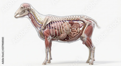 Detailed anatomical study of a sheep's internal organs skeleton and musculature presented in a side profile against a white background