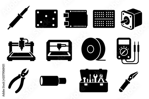 Schilderij op canvas Maker Space and Electronics Tool Silhouette Icon Set with Arduino, CNC, Solderin