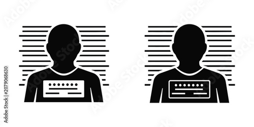 Photography Mugshot silhouette icons of criminal suspects with identification placards for p