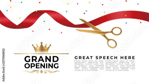 Obraz na plátně Grand opening event banner with golden scissors cutting a red ribbon and colorfu