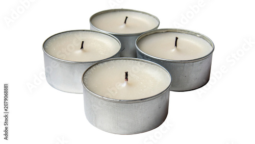 Photos Set of white tealight candles in aluminum cups isolated on a transparent backgro