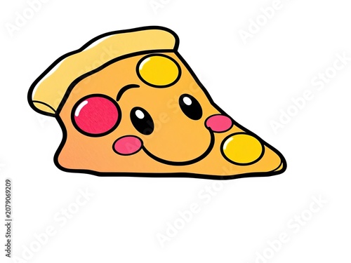 Colorful cartoon pizza slice with smiling face outline for kids to color, smile, kid-friendly