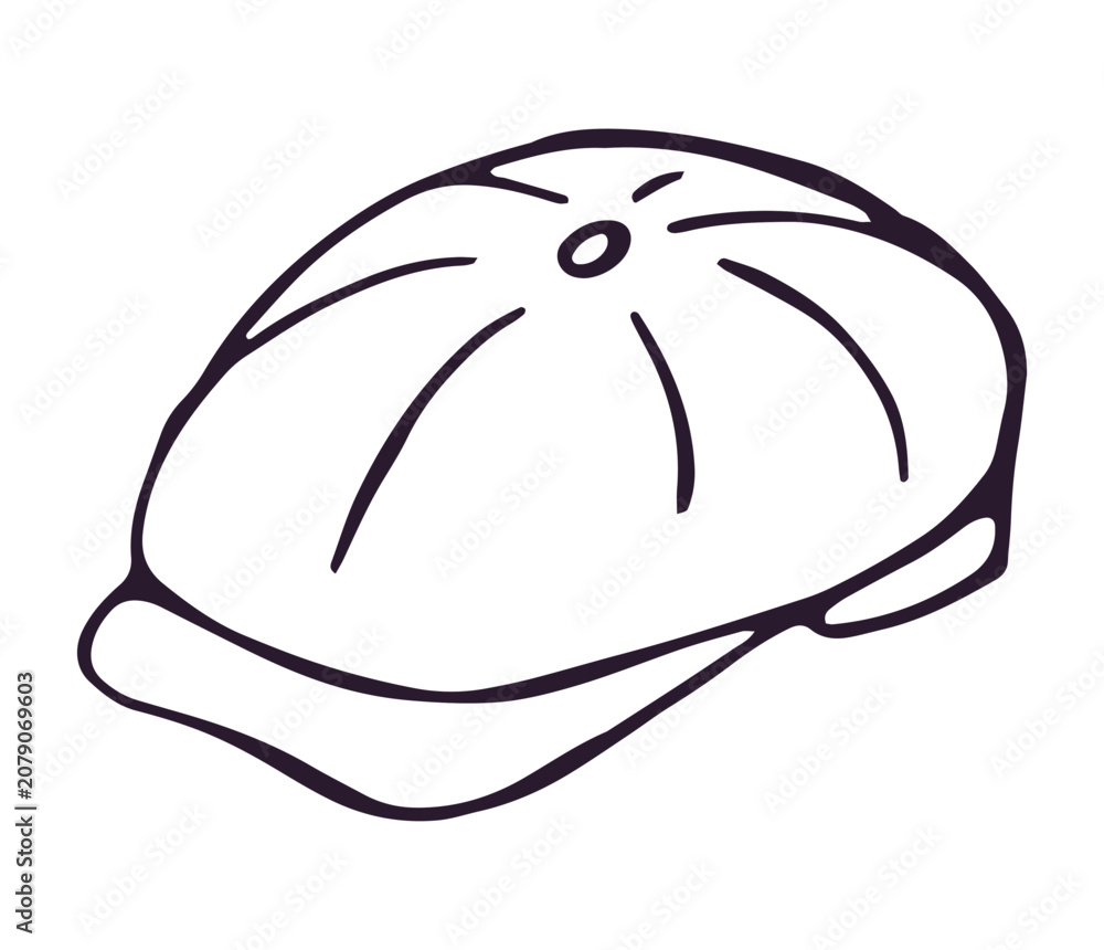 Fototapeta premium Hand drawn classic mens newsboy or gatsby cap with panelled top and short brim in clean line doodle style, isolated on white background. Suitable for fashion and vintage apparel design projects.