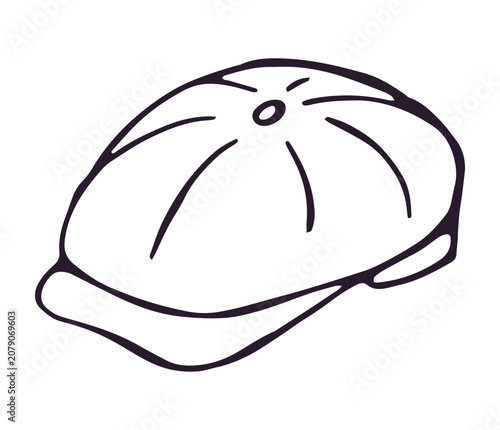 Fotografi Hand drawn classic mens newsboy or gatsby cap with panelled top and short brim in clean line doodle style, isolated on white background