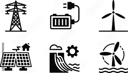 Foto Renewable energy icon set, sustainable power generation symbols featuring solar,