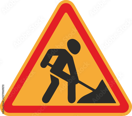 Road works sign. Attention, road works are underway. Warning sign work on road. 