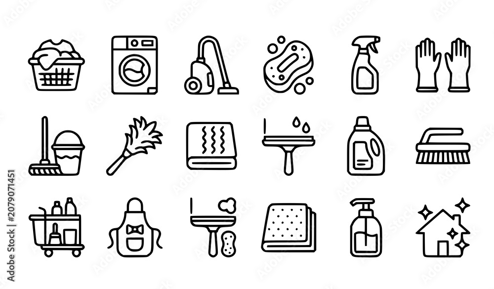 Fototapeta premium Modern Cleaning and Housekeeping Line Icons Vector Set with Laundry Vacuum Window and Maid Equipment