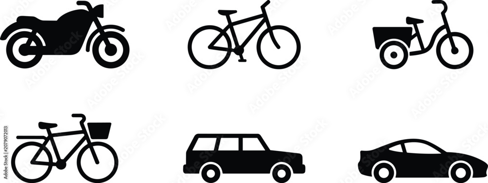 Naklejka premium Transportation vehicle icons set, motorcycle, bicycles, delivery tricycle, car and sedan silhouette collection vector