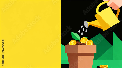 Konstfotografi Investment growth banner showing yellow watering can nurturing gold coins in a c