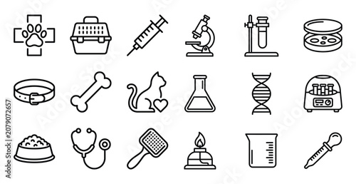 Veterinary medicine and laboratory diagnostic equipment thin line icon set with veterinary medicine laboratory diagnostic healthcare microscope