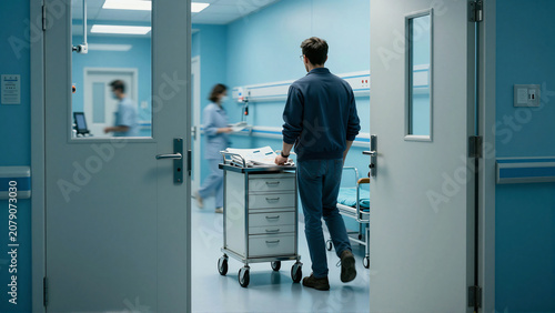 Male Nurse Pushing Equipment Trolley in Hospital Ward