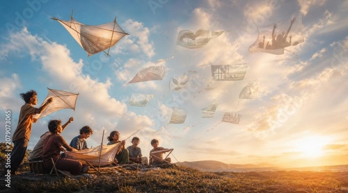 Children flying kites and banners on a grassy hill at sunset with cloudy sky