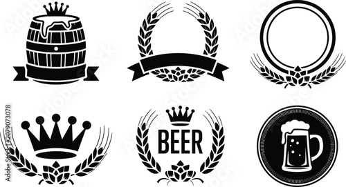 Bild auf Leinwand Vintage beer badge icon set, brewery emblem collection with crowns, wheat wreath