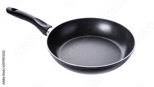 Isolated empty dark non-stick frying pan for cooking, kitchen utensil with black handle.