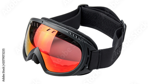 Black professional ski goggles winter sports gear isolated on a transparent background