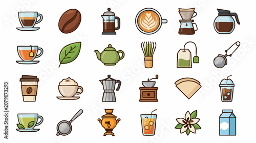 Fotografía Coffee and Tea Icons: Cups, Brewing Equipment, and Ingredients Set