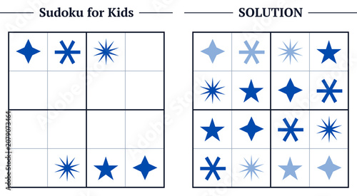 Schilderij op canvas Kids Sudoku 4x4 puzzle with blue stars, hard level logic game for visual attenti
