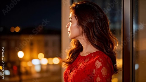 Woman in red dress by window at night
