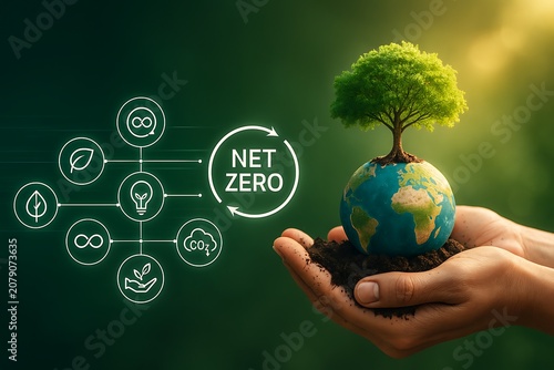 Net Zero Carbon Emissions Concept with Tree Growing on Earth Globe Held in Human Hands Representing Climate Responsibility