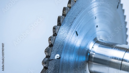 Close-up of a circular saw blade with metal and teeth.