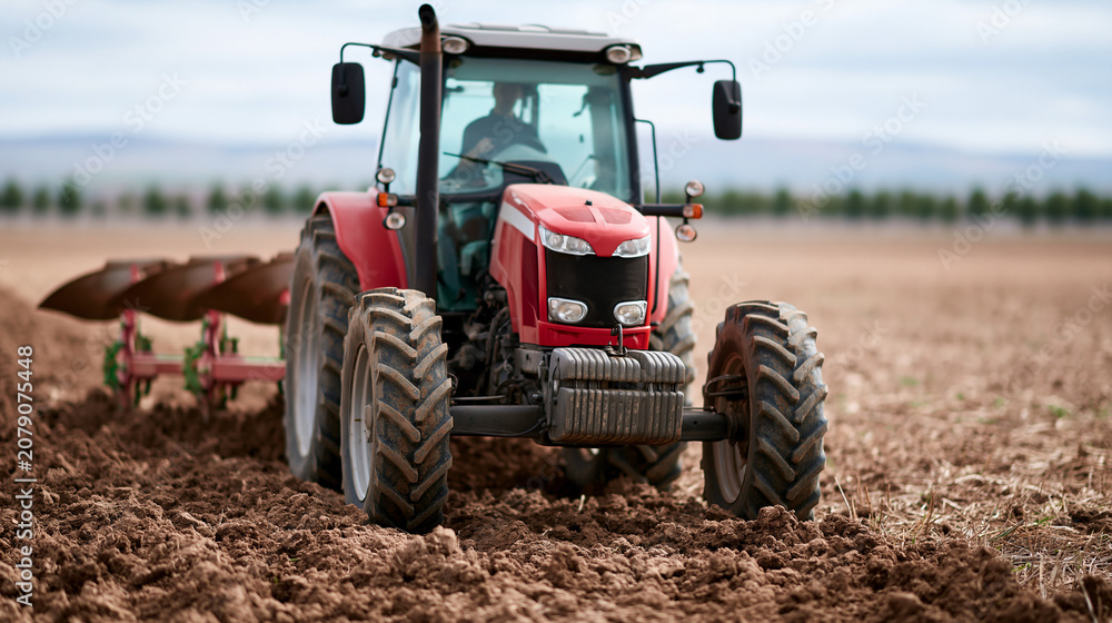 Obraz premium Red tractor plowing a vast open field, turning rich soil for agricultural cultivation and farming, preparing farmland for future crop growth, copy space