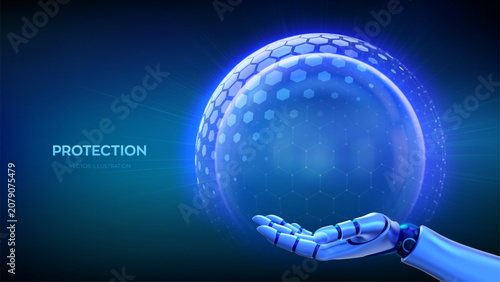 Protection sphere shield with hexagon pattern in robotic hand. Glass Dome shield. Glowing bubble shield in the form of a force energy field. Protection and safety concept. Vector illustration.