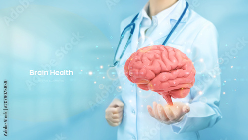 Brain health. Doctor holding a human brain, symbolizing neurological care, cognitive health, diagnosis, treatment, preventive medicine, neuroscience, and modern healthcare. Vector illustration.