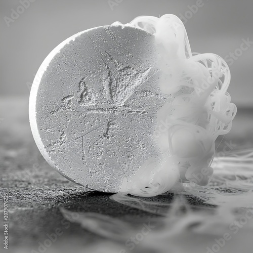 Close-up of a melting ice sphere with embedded leaf.