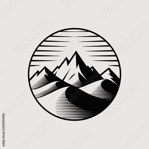 Black and white mountain landscape logo.