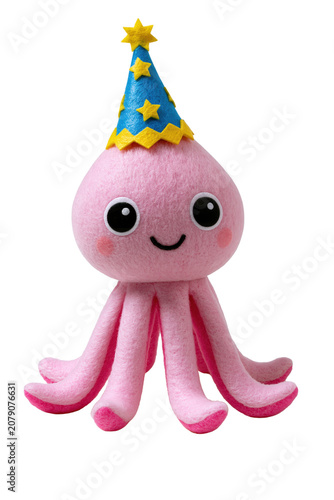 Adorable pastel squid mascot with long tentacles and a tiny celebration hat for playful character concepts isolated on transparent background
