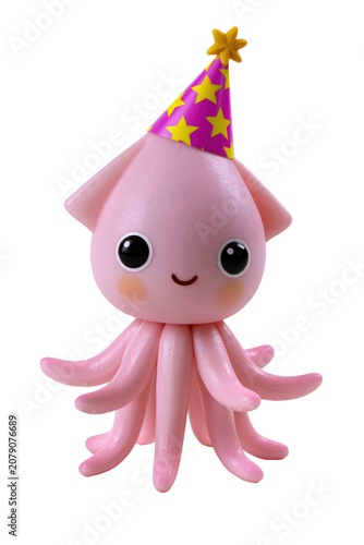 Cute pastel pink squid toy with long tentacles, a tiny party hat, and playful cartoon styling isolated on transparent background
