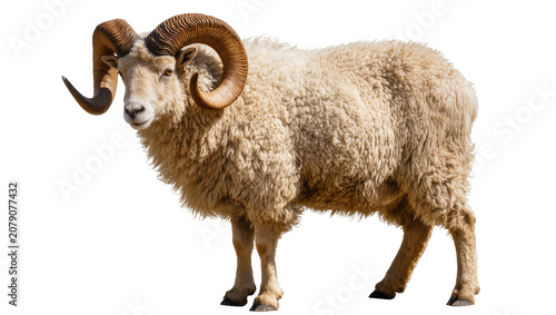 Schilderij op canvas Isolated adult ram with massive curved horns and thick wool looking directly at