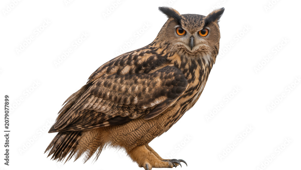 Obraz premium Isolated Eurasian Eagle-Owl, majestic nocturnal bird of prey with intense orange eyes