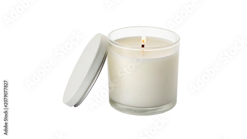 Fotografie White ceramic scented wax candle in glass jar isolated on a transparent backgrou