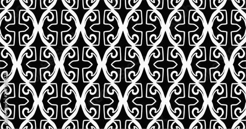 Black and white seamless ornamental geometric pattern with elegant curved shapes. Repeating vector background for fabric, wallpaper, textile, wrapping paper, packaging, and decorative surfaces.