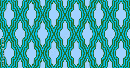 Modern seamless geometric pattern with turquoise layered lines and abstract vertical shapes. Repeating vector background for fabric, wallpaper, textile, packaging, and surface decoration.