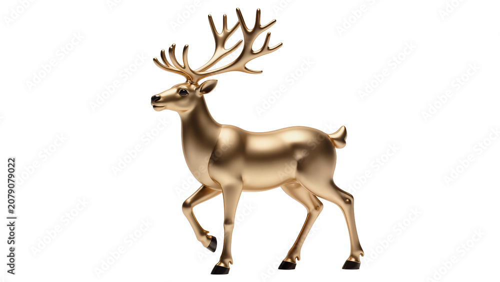Obraz premium Isolated luxurious metallic golden reindeer sculpture with impressive antlers, walking pose