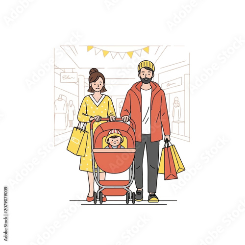 Happy family with baby in stroller enjoying a day of shopping together.