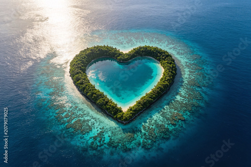 Top view of heart shaped island in the ocean
