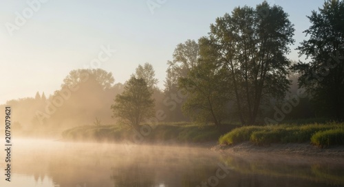Misty river scene with trees on the bank, soft light