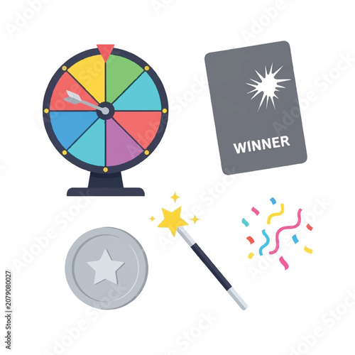 Spinning Wheel of Fortune and Winning Symbols.